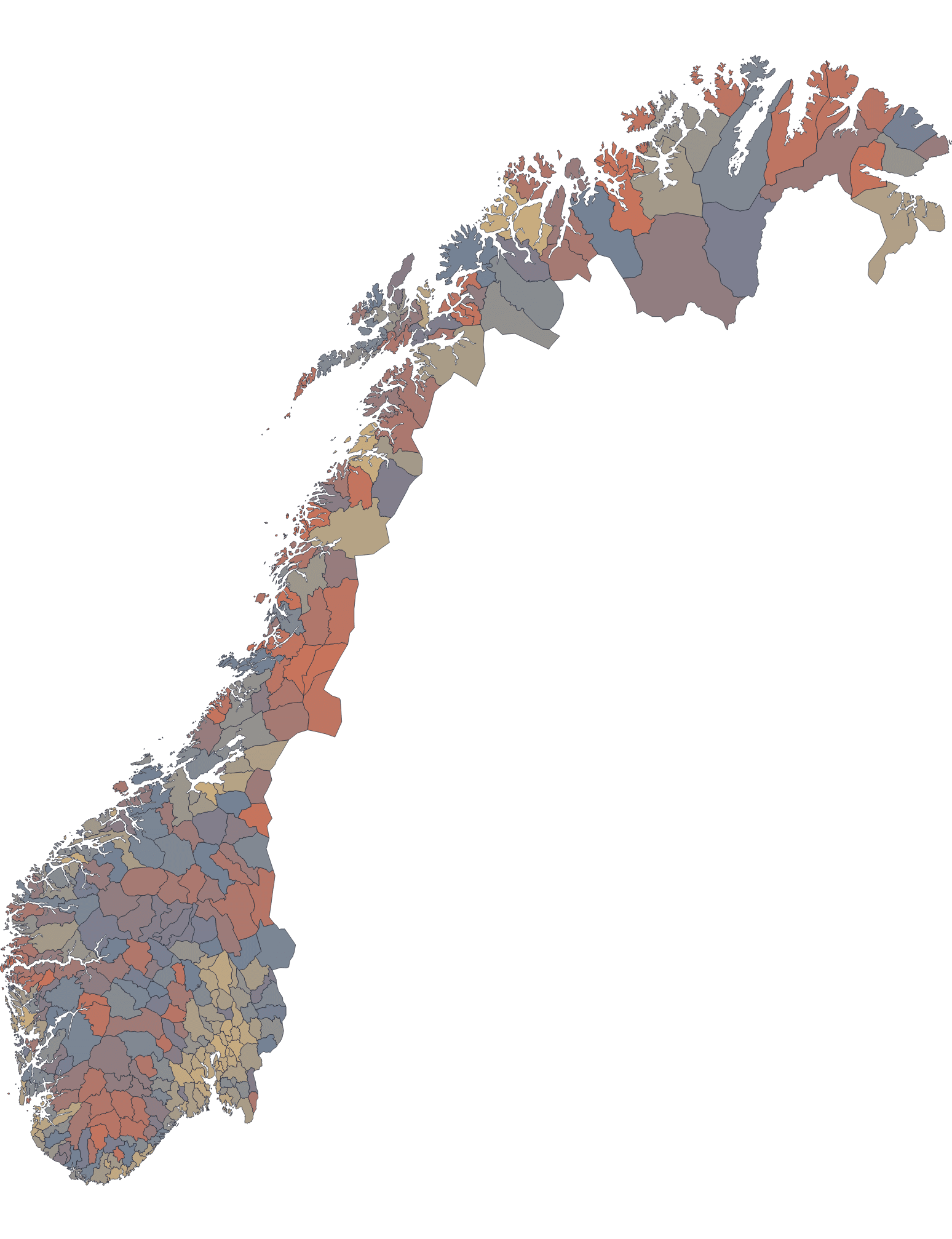 Norge-kart der hver kommune er fargekodet etter levealder